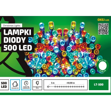 Lampki choinkowe 500 LED biały zimny zewn. z timerem 6H 50mb LT-500/P OKEJ
